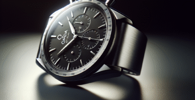 Nærbilde av en elegant Omega-klokke på et rent, mørkt underlag, fokus på urskive og bezel, myk belysning og høy detaljrikdom for en luksuriøs følelse